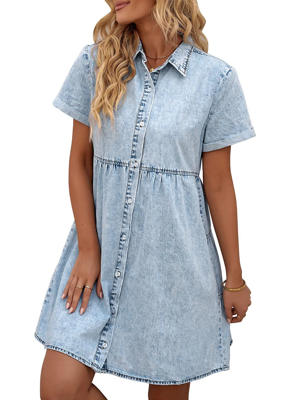 Anna-Kaci Women's Casual Short Sleeve High Waist Button Down Tiered Denim Shirt Dress