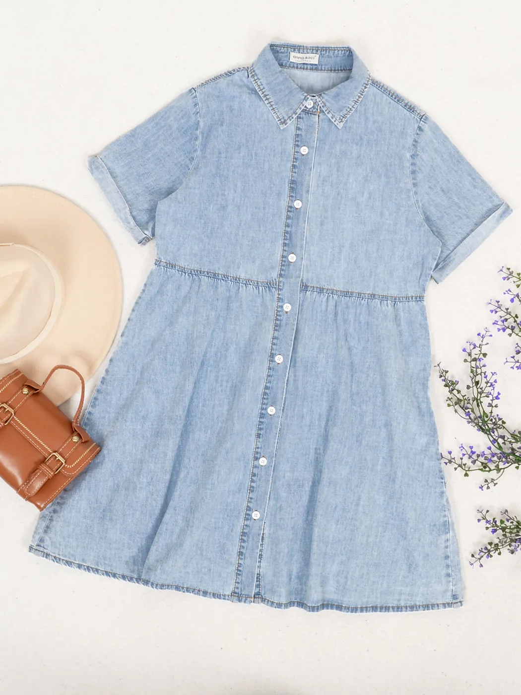 Anna-Kaci Women's Casual Short Sleeve High Waist Button Down Tiered Denim Shirt Dress