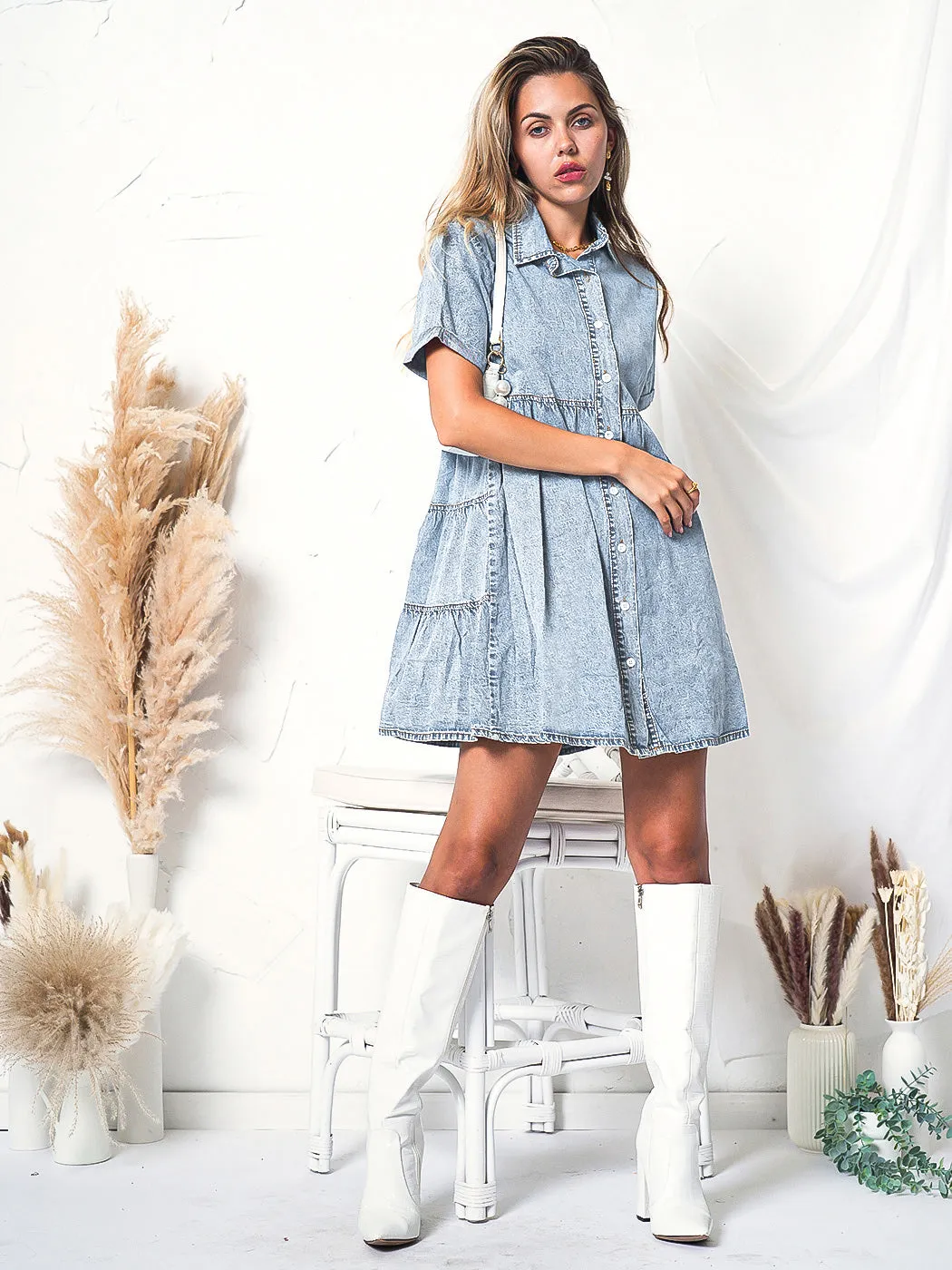 Anna-Kaci Women's Casual Short Sleeve High Waist Button Down Tiered Denim Shirt Dress