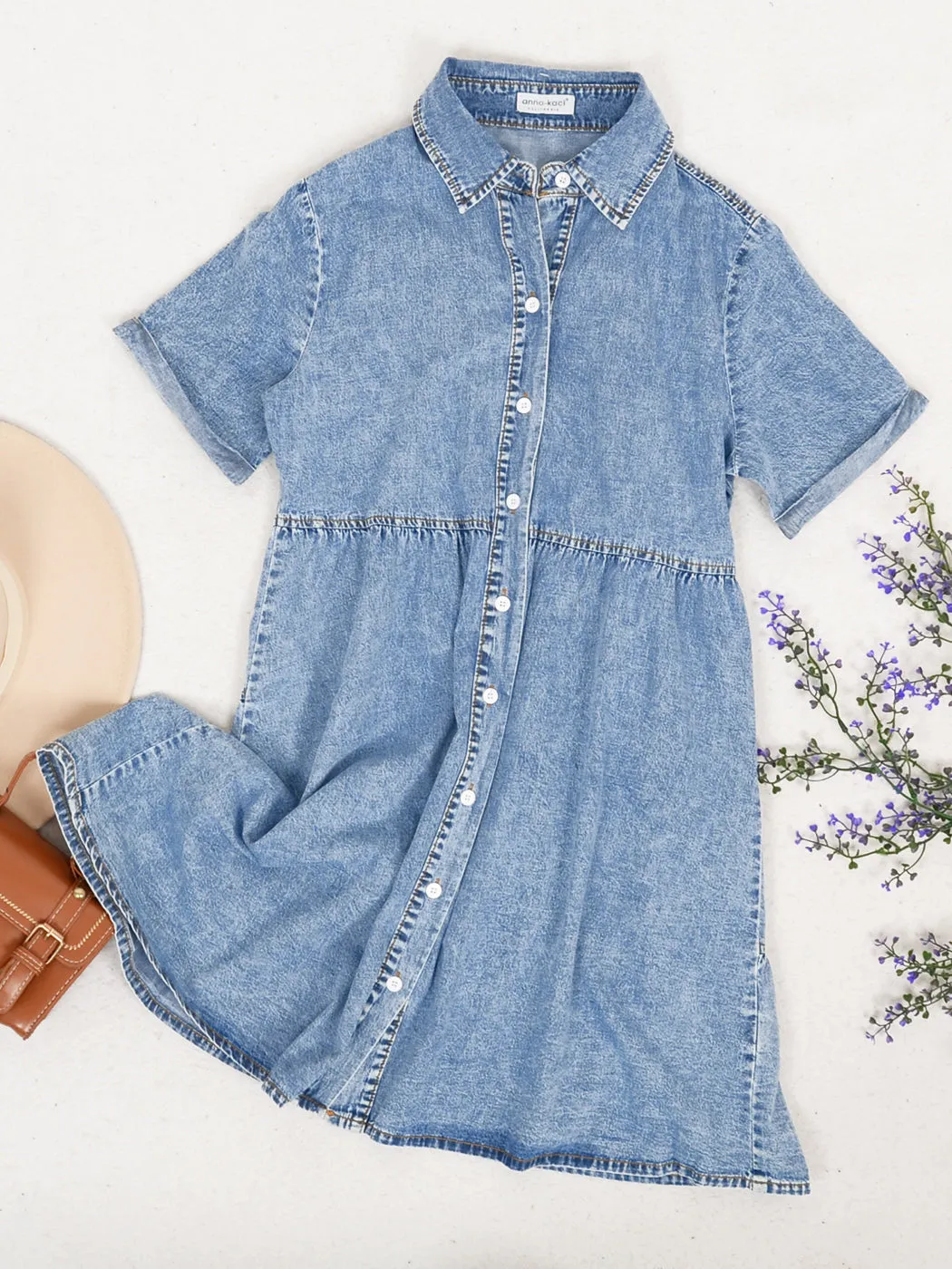 Anna-Kaci Women's Casual Short Sleeve High Waist Button Down Tiered Denim Shirt Dress