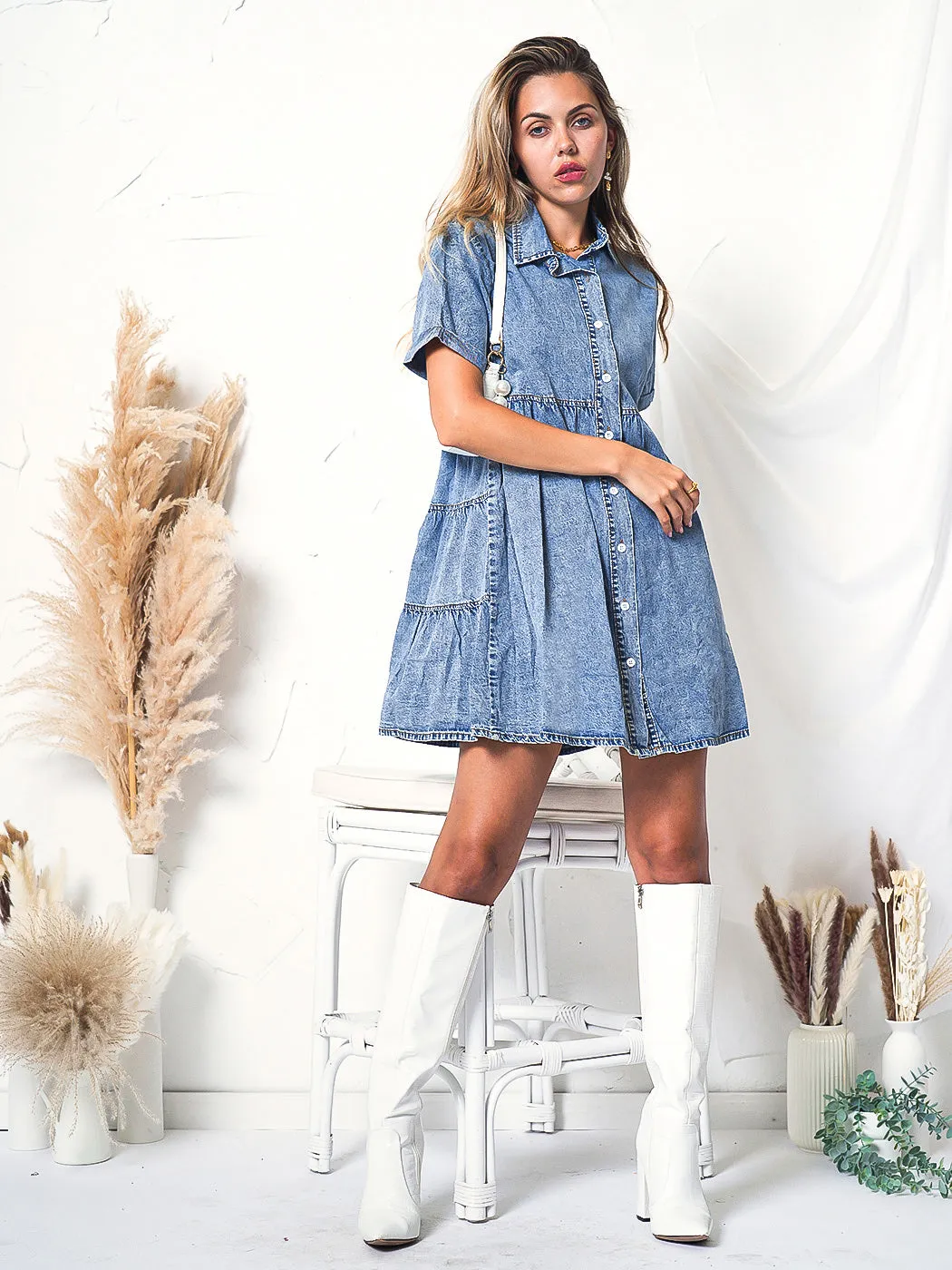 Anna-Kaci Women's Casual Short Sleeve High Waist Button Down Tiered Denim Shirt Dress