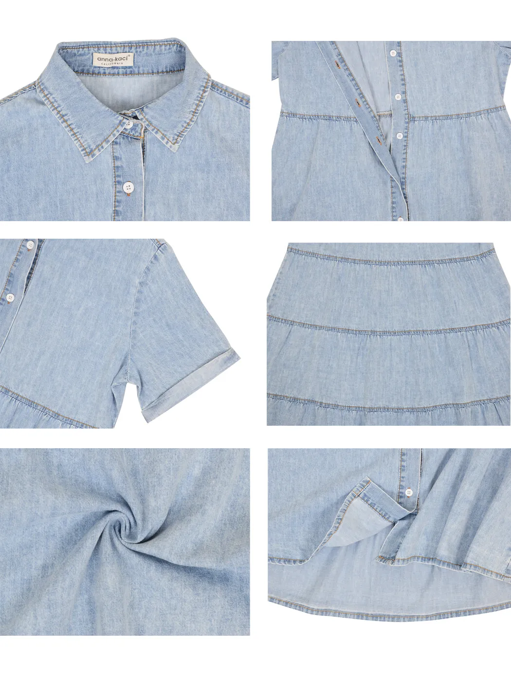 Anna-Kaci Women's Casual Short Sleeve High Waist Button Down Tiered Denim Shirt Dress