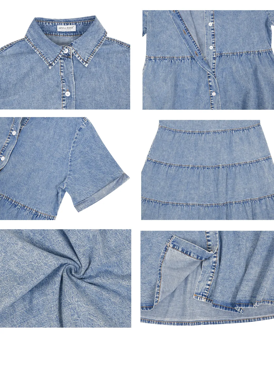 Anna-Kaci Women's Casual Short Sleeve High Waist Button Down Tiered Denim Shirt Dress