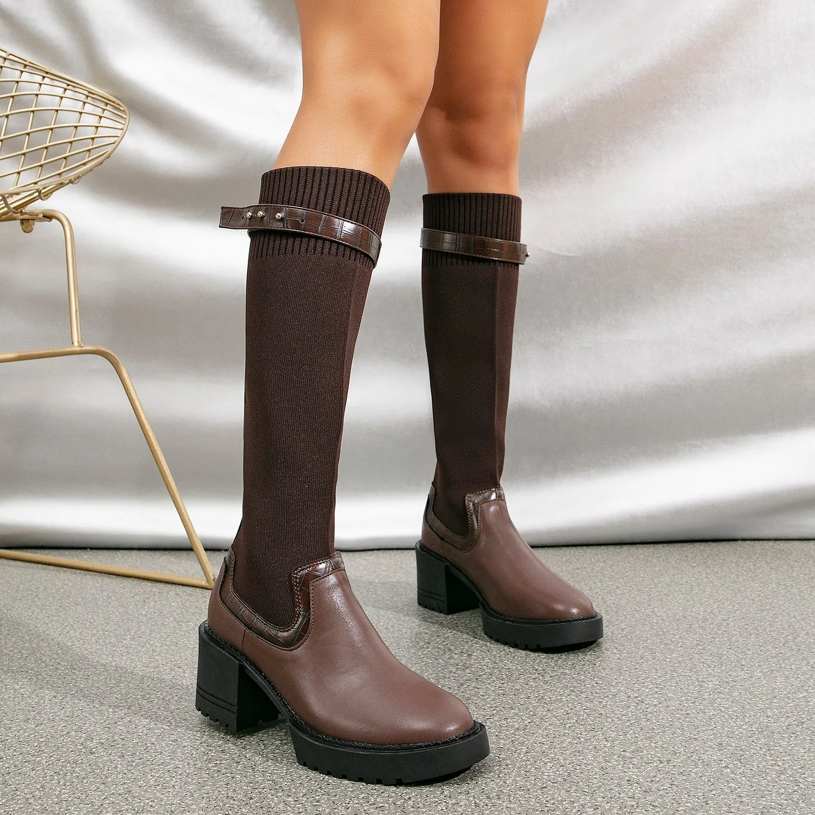binfenxie- Two Tone Strap Decor Chunky Heeled Knit High Boots