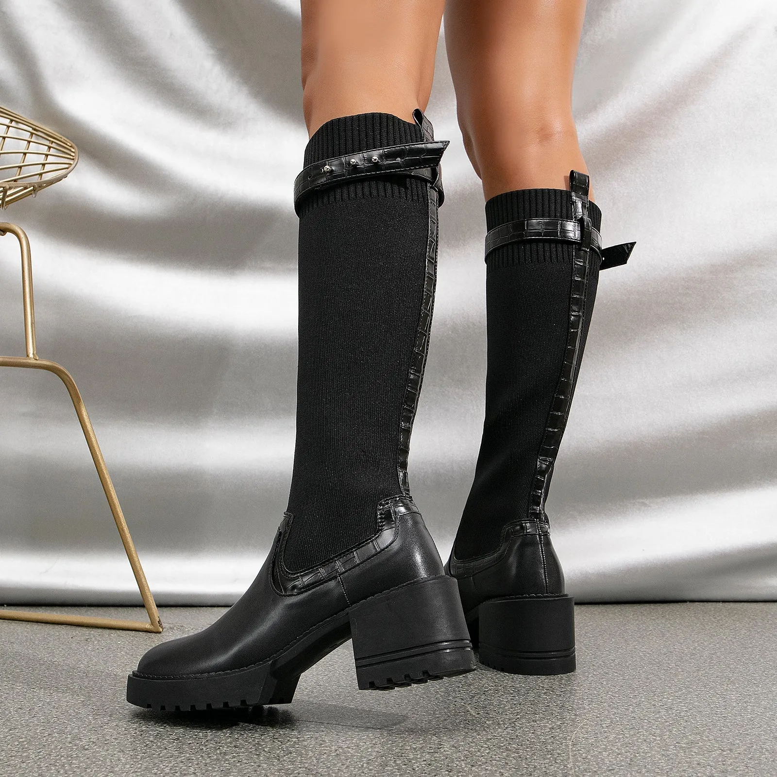 binfenxie- Two Tone Strap Decor Chunky Heeled Knit High Boots