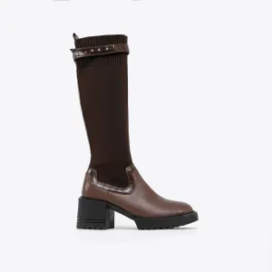 binfenxie- Two Tone Strap Decor Chunky Heeled Knit High Boots