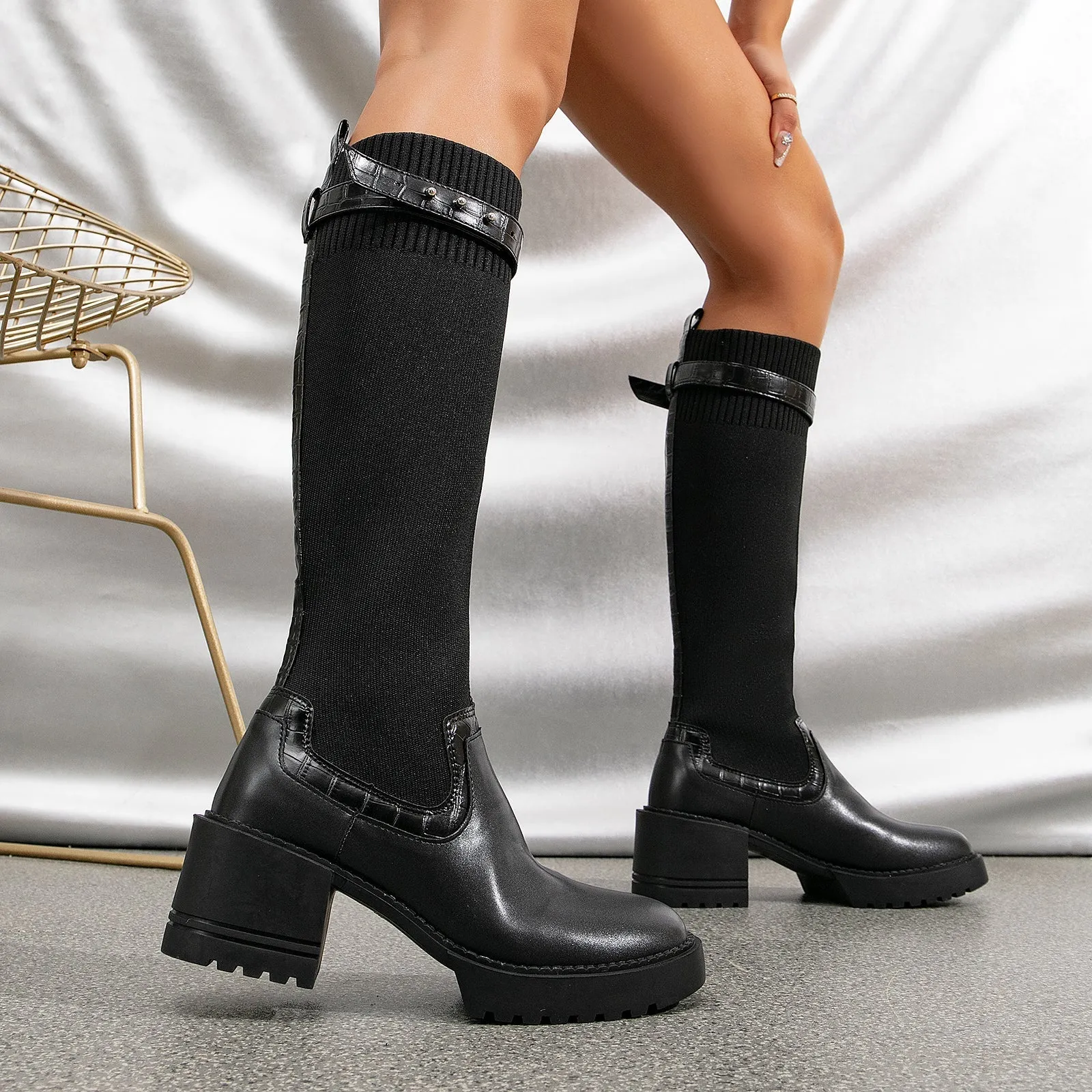 binfenxie- Two Tone Strap Decor Chunky Heeled Knit High Boots