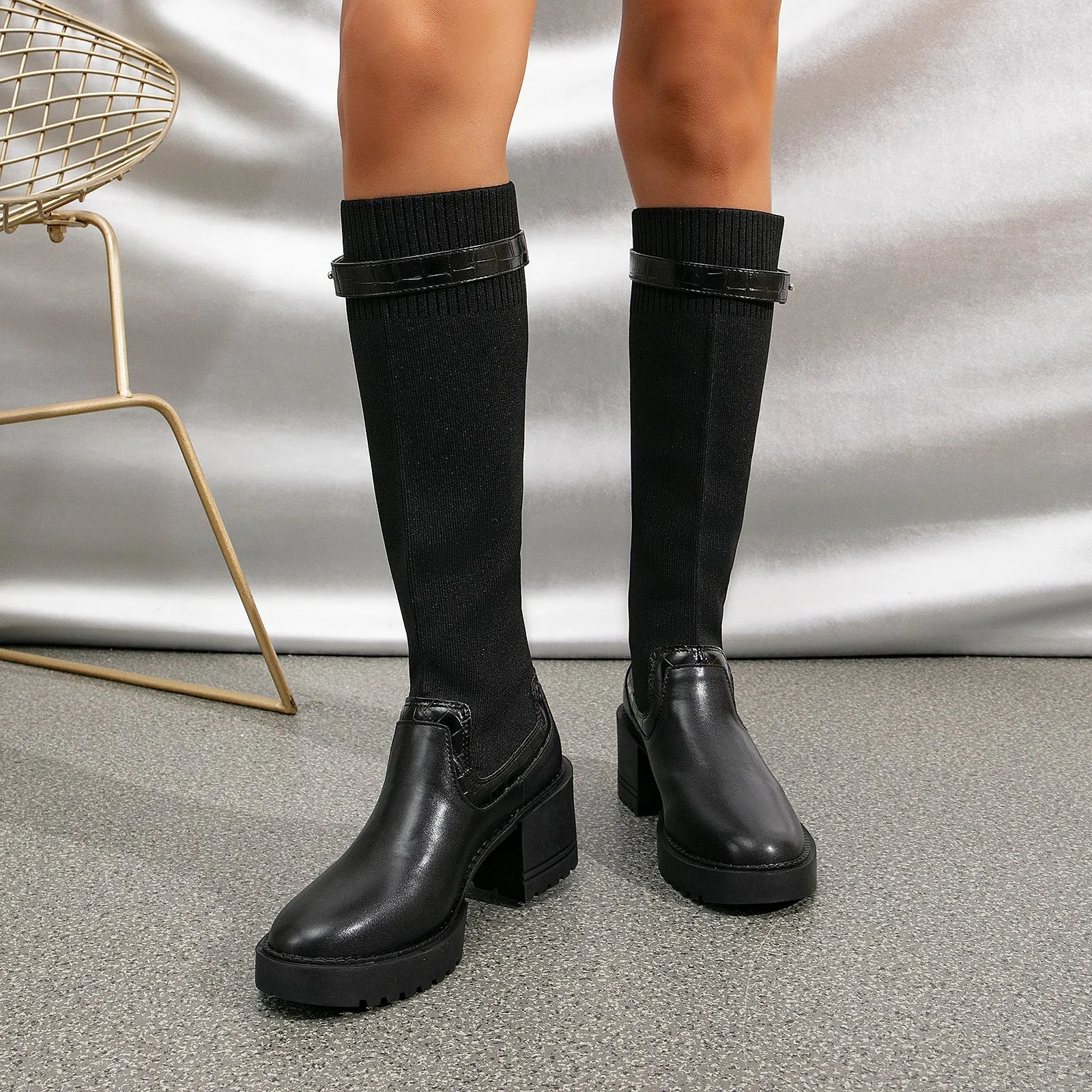 binfenxie- Two Tone Strap Decor Chunky Heeled Knit High Boots
