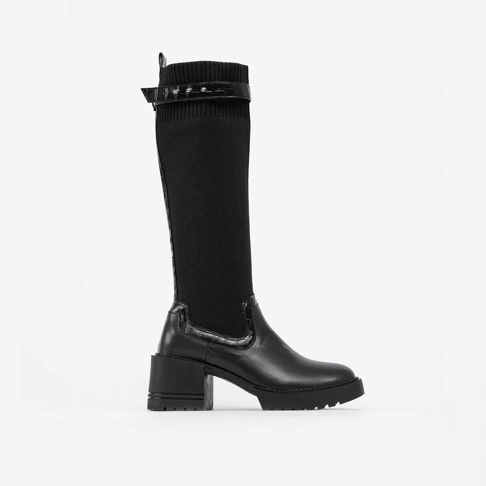 binfenxie- Two Tone Strap Decor Chunky Heeled Knit High Boots