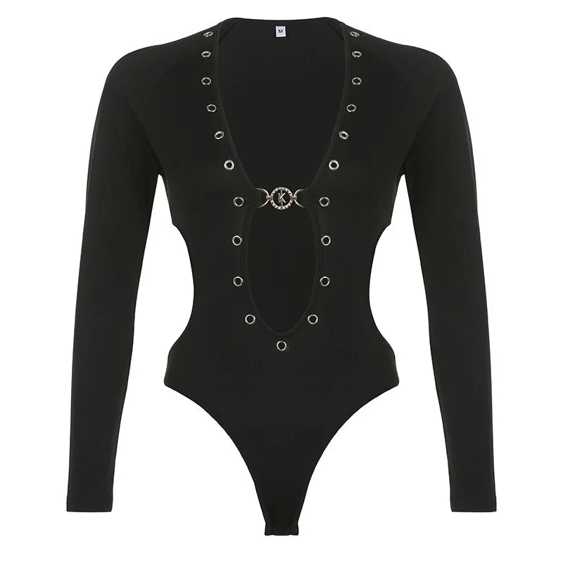 Black V-Neck Bodycon Autumn Bodysuit