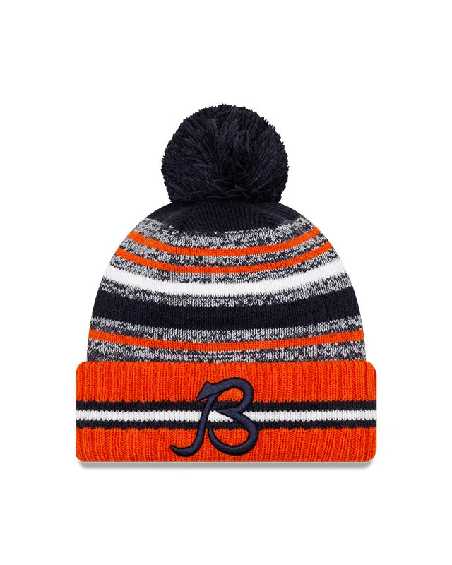 Chicago Bears B Logo New Era 2021 NFL Sideline - Sport Official Pom Cuffed Knit Hat - Orange/Navy