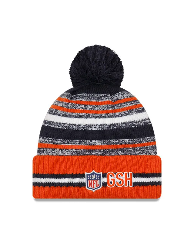 Chicago Bears B Logo New Era 2021 NFL Sideline - Sport Official Pom Cuffed Knit Hat - Orange/Navy