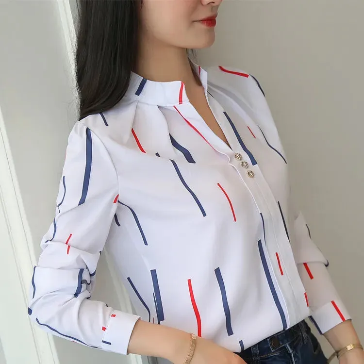 Clara – Women's Spring/Autumn Casual Striped Long-Sleeve Stand-Up Collar Shirt
