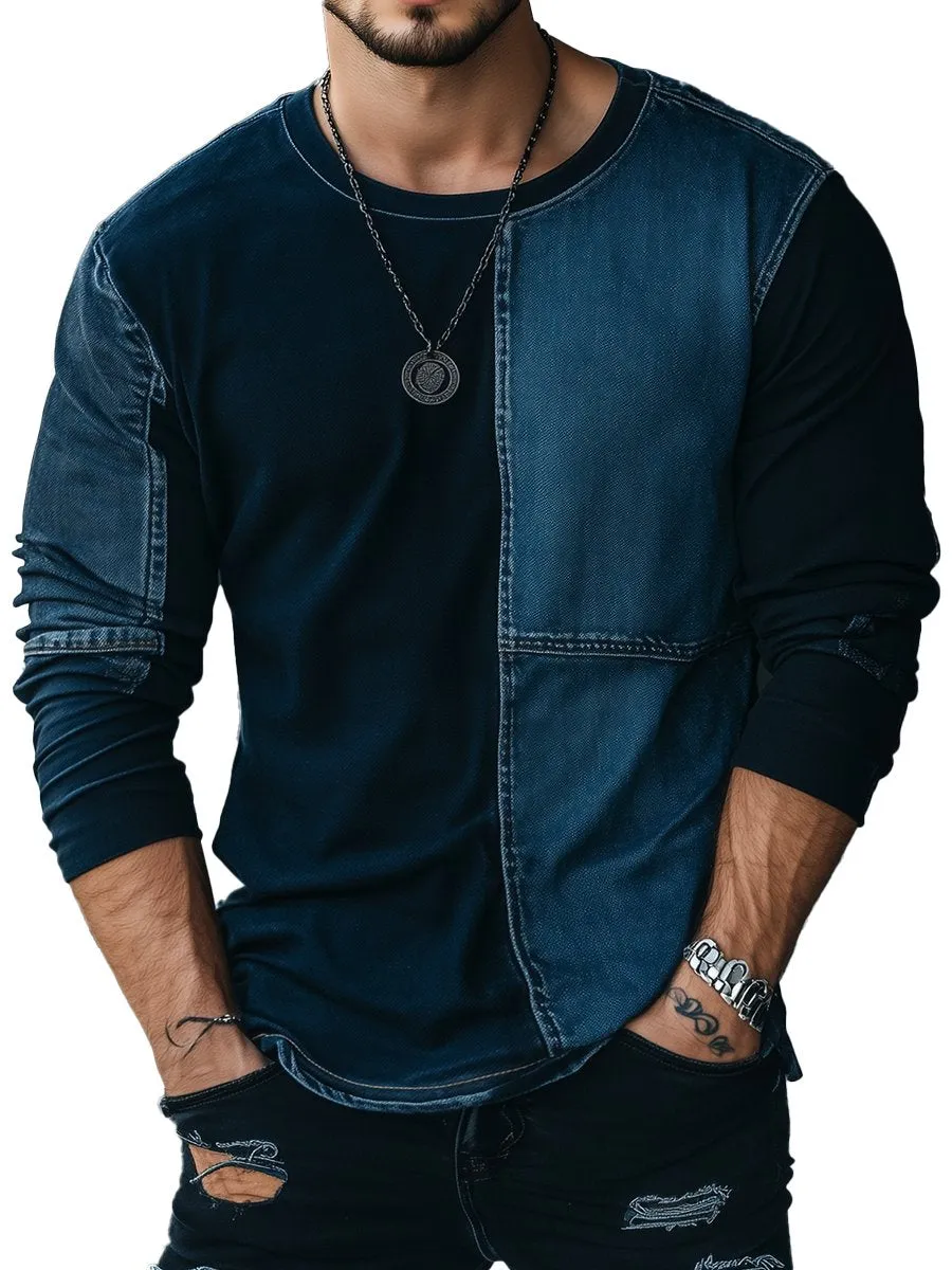 Denim Patchwork Textured Print Long Sleeve T-shirt