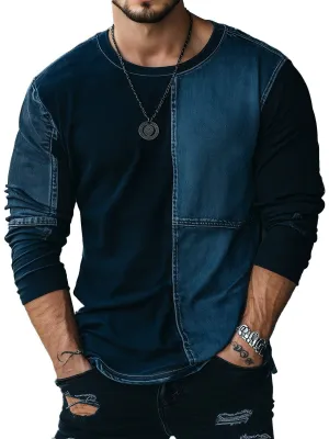 Denim Patchwork Textured Print Long Sleeve T-shirt