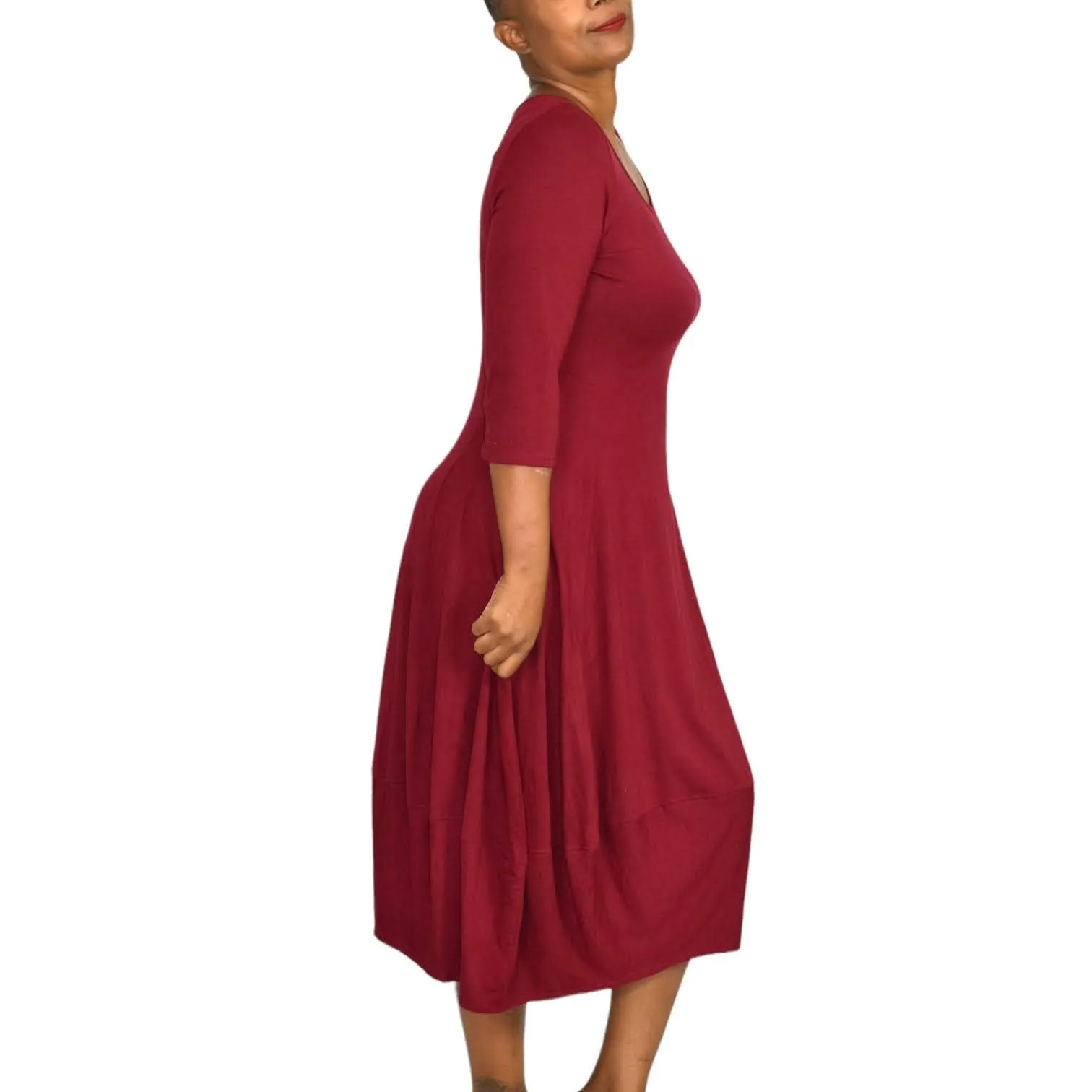 Eileen Fisher Lantern Hem Dress Jersey Knit Midi Bubble Red Stretch Size Medium
