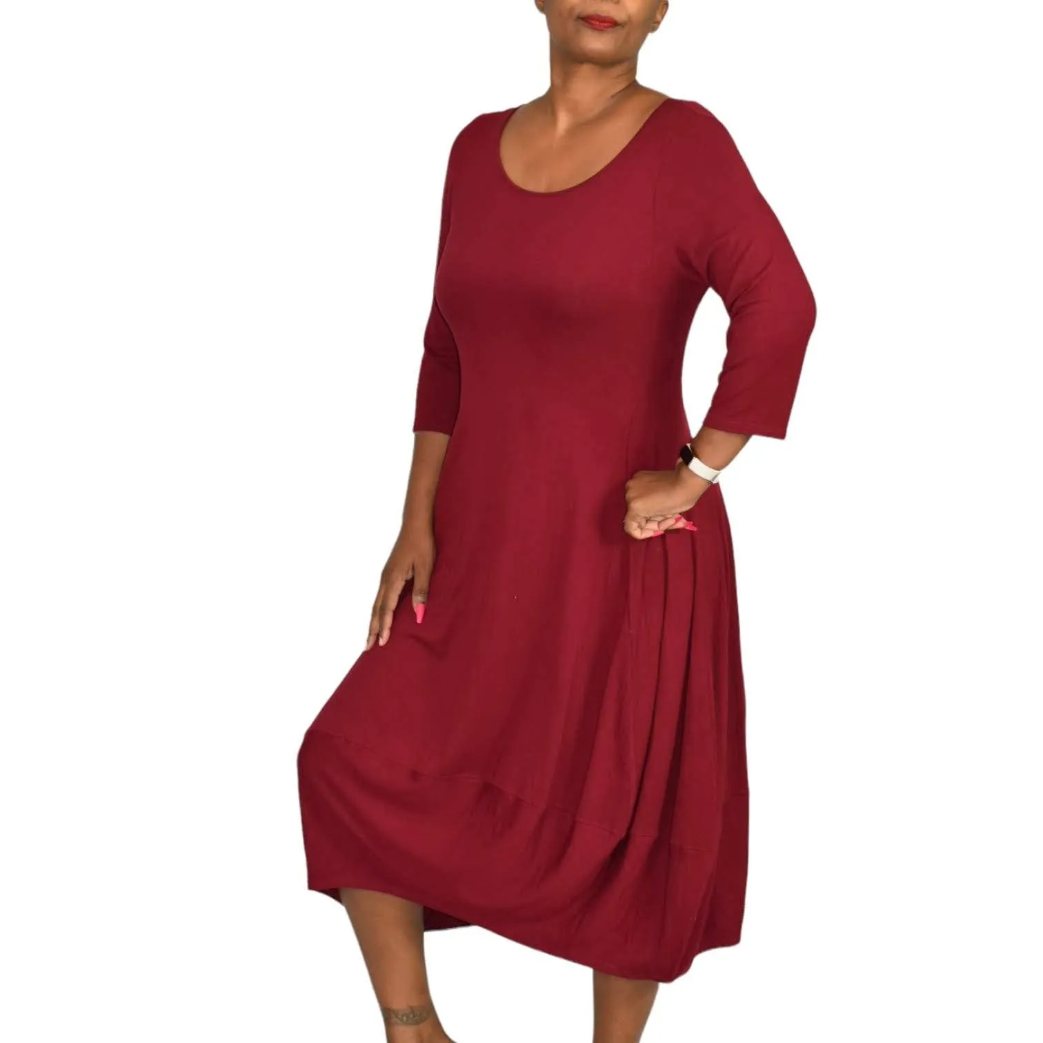 Eileen Fisher Lantern Hem Dress Jersey Knit Midi Bubble Red Stretch Size Medium