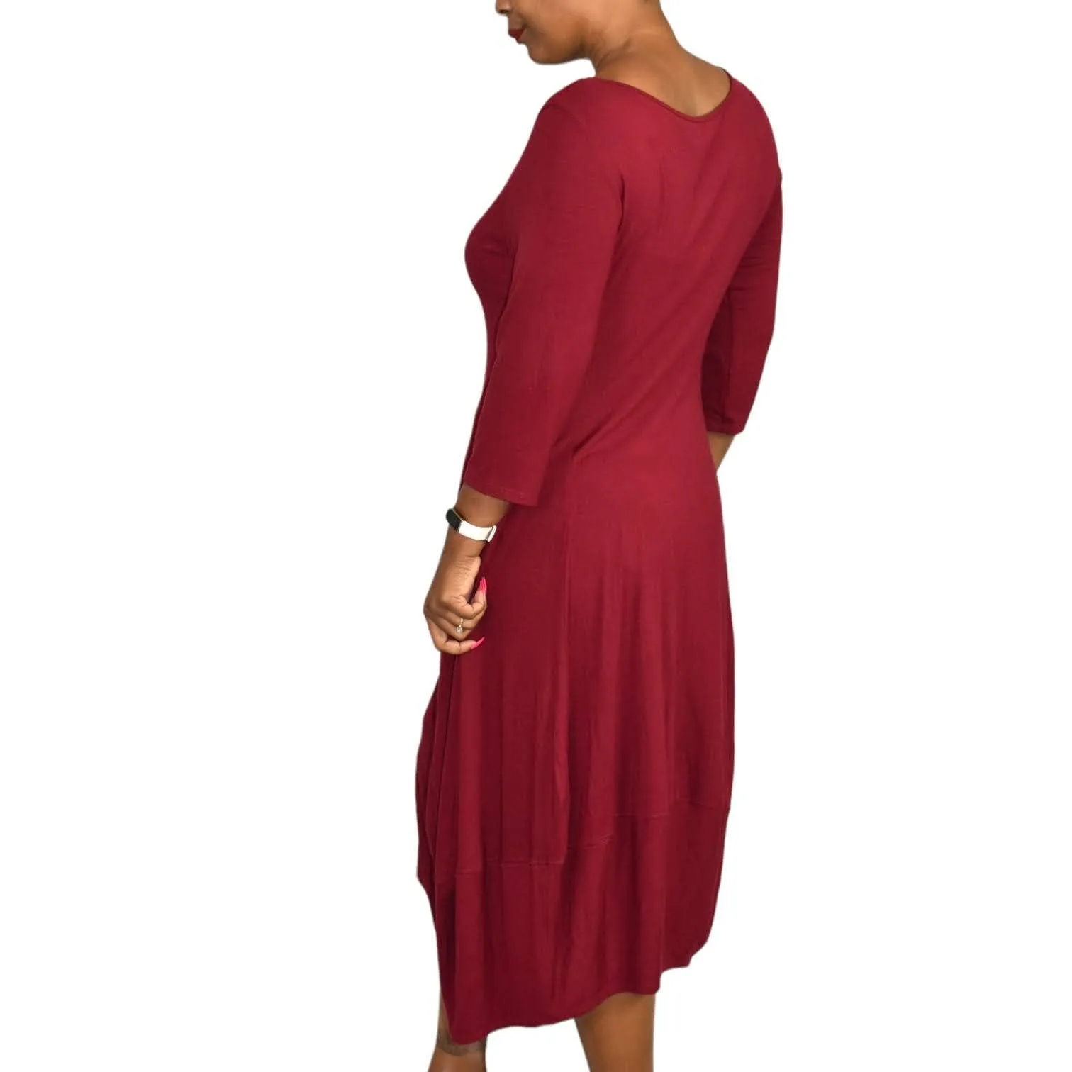 Eileen Fisher Lantern Hem Dress Jersey Knit Midi Bubble Red Stretch Size Medium