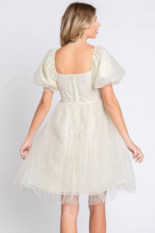 GeeGee Pearl Mesh Babydoll Mini Dress
