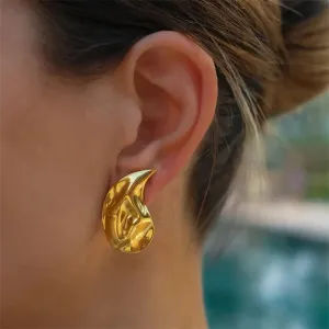 Gold Color Irregular Concavity Stainless Steel Thick Teardrop Vintage Earring