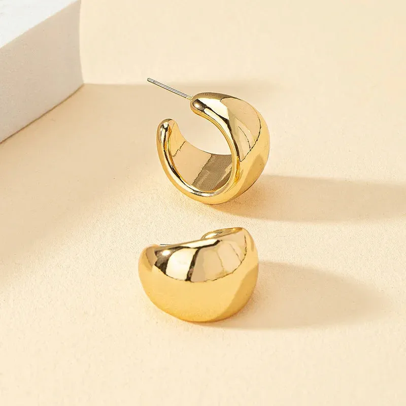 Gold Round Chunky Lightweight Metal Open Thick Hoops Fashion Earring