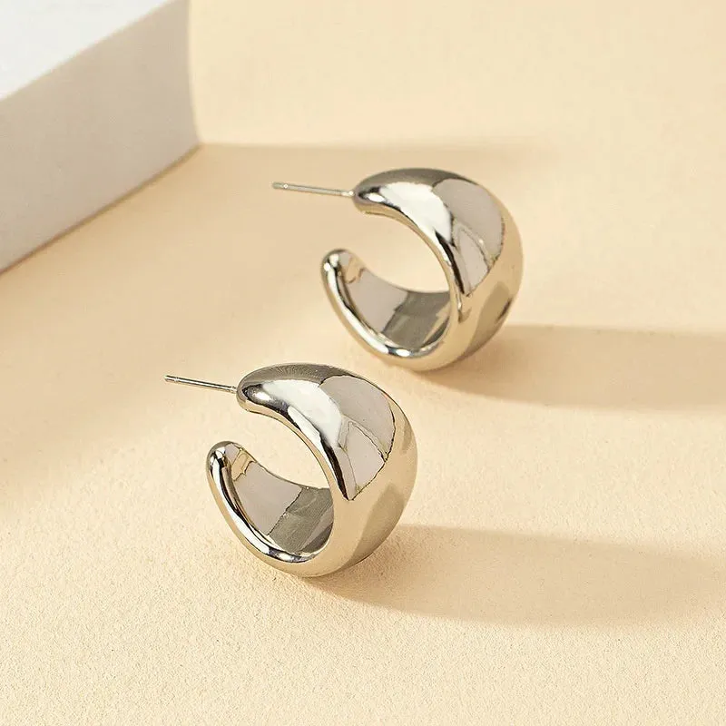 Gold Round Chunky Lightweight Metal Open Thick Hoops Fashion Earring