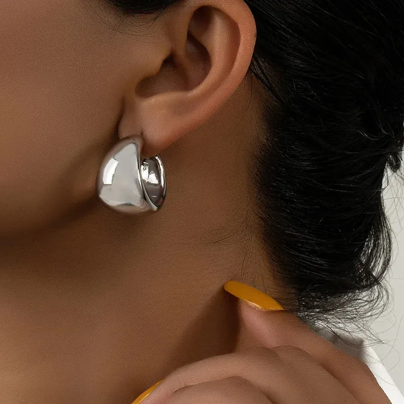 Gold Round Chunky Lightweight Metal Open Thick Hoops Fashion Earring