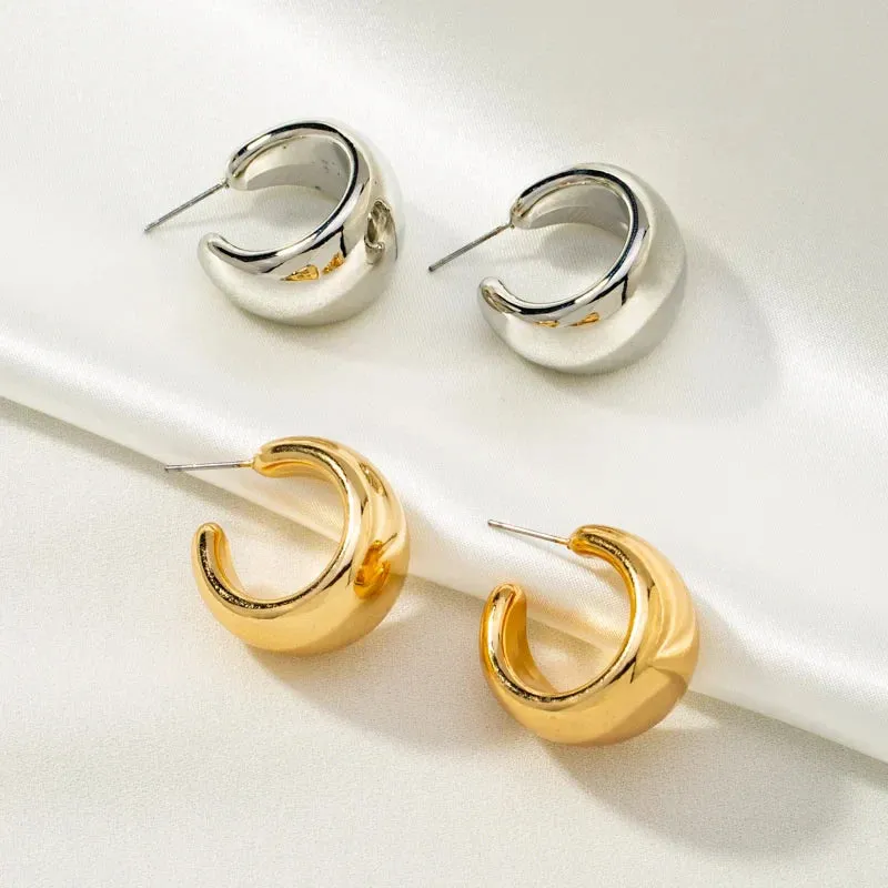 Gold Round Chunky Lightweight Metal Open Thick Hoops Fashion Earring