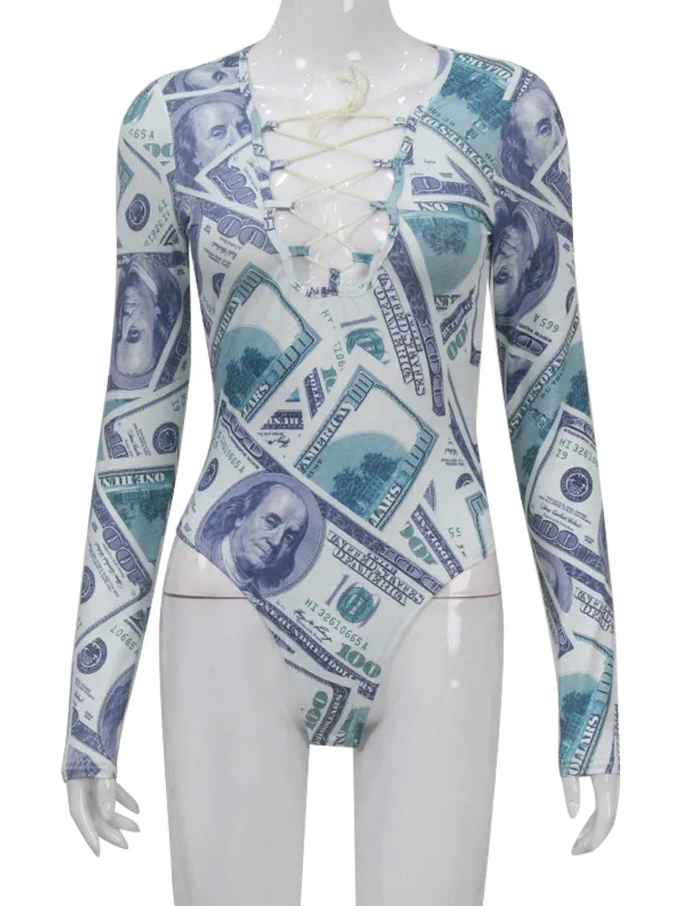 Long Sleeve Skinny Hollow Out Lace Up Women Bodysuit