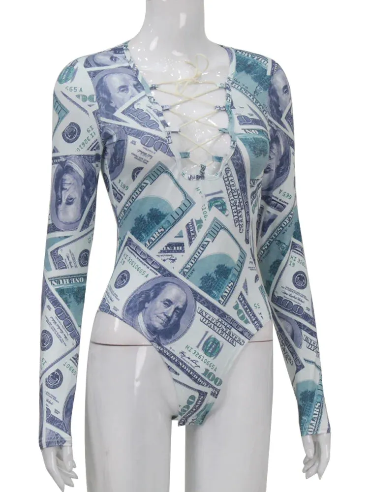 Long Sleeve Skinny Hollow Out Lace Up Women Bodysuit