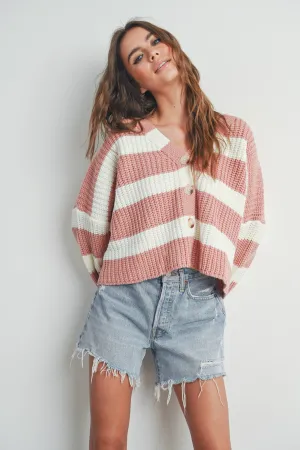 Mauve & Ivory Striped V-Neck Cardigan With Buttons