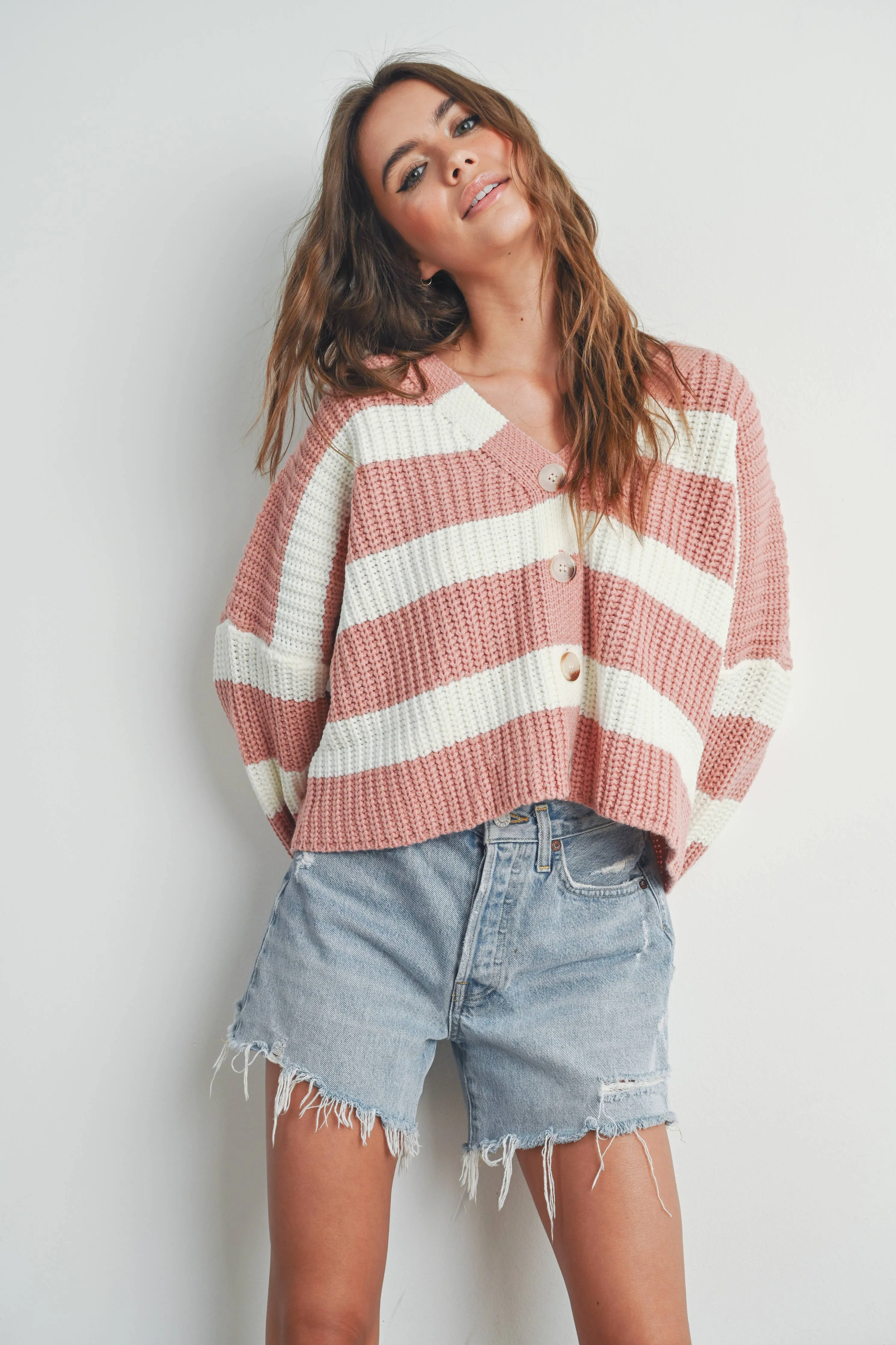 Mauve & Ivory Striped V-Neck Cardigan With Buttons