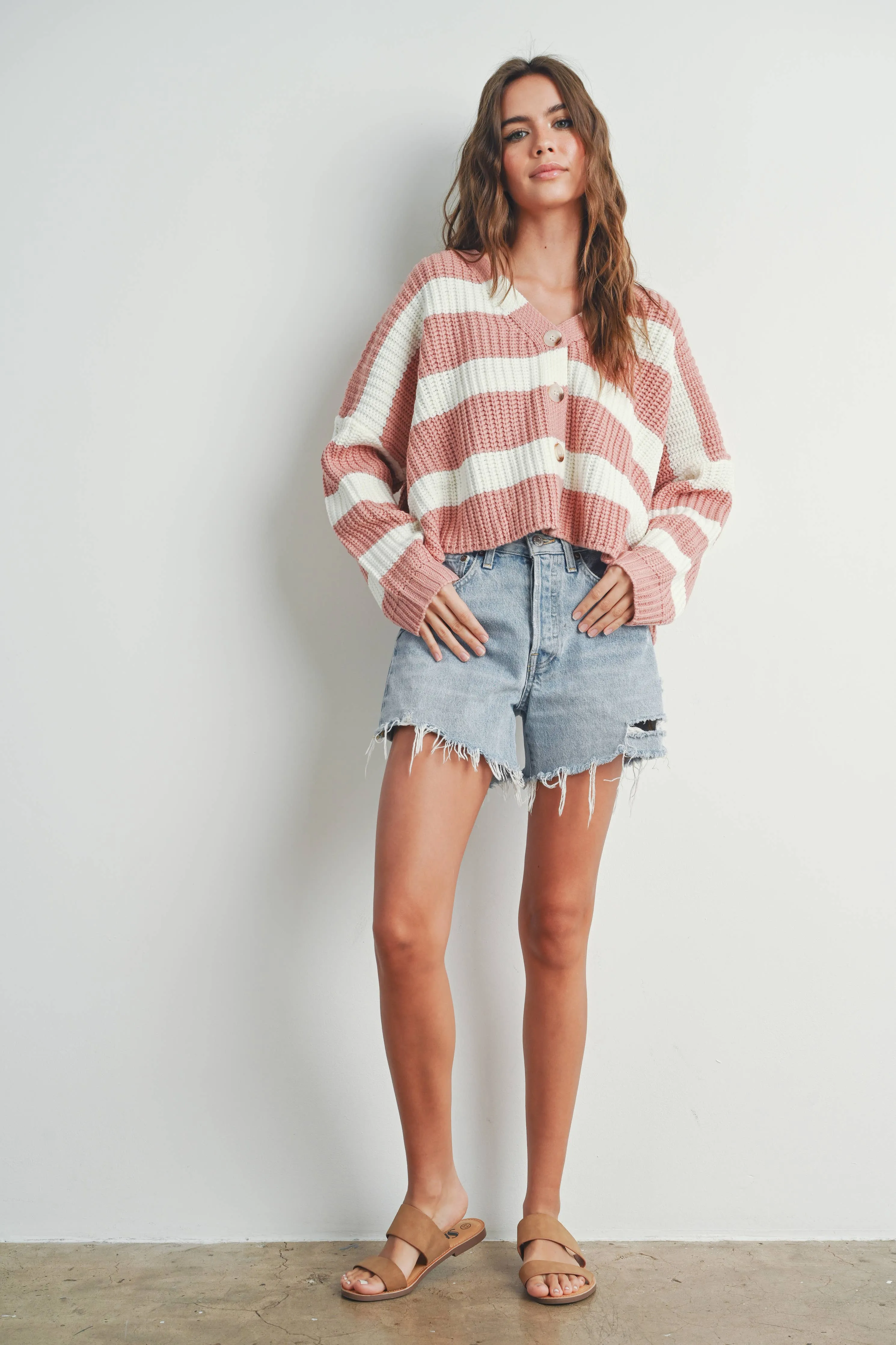 Mauve & Ivory Striped V-Neck Cardigan With Buttons
