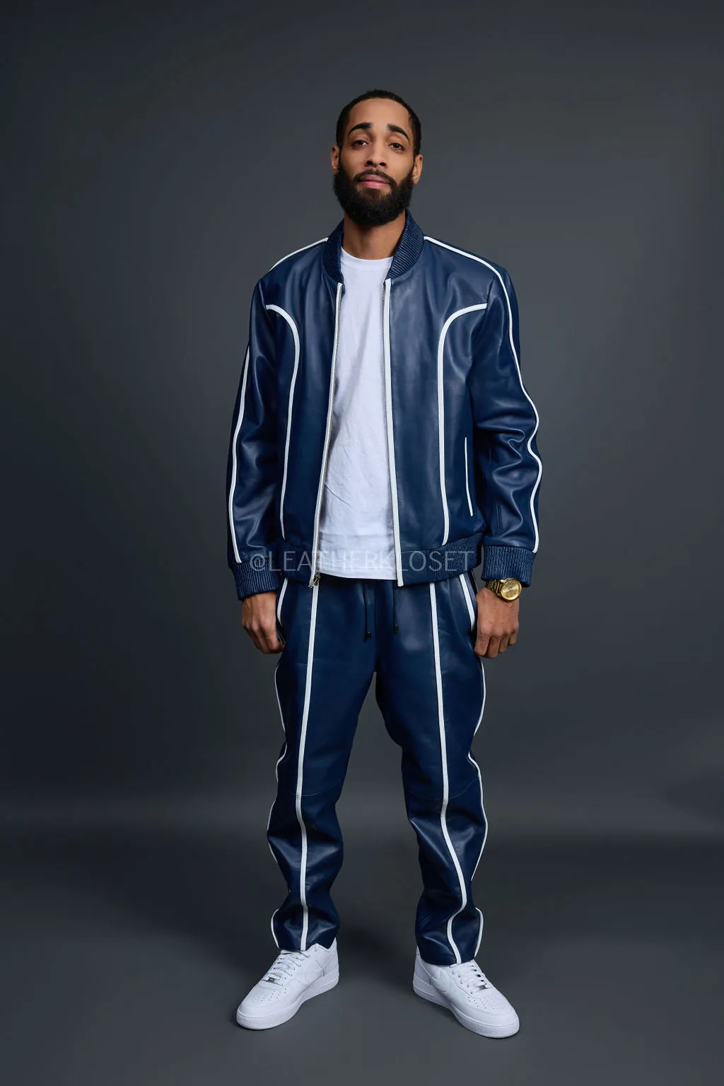 Men's Brayden Leather Track Suit Sweatsuit [Navy/White]