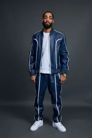Men's Brayden Leather Track Suit Sweatsuit [Navy/White]