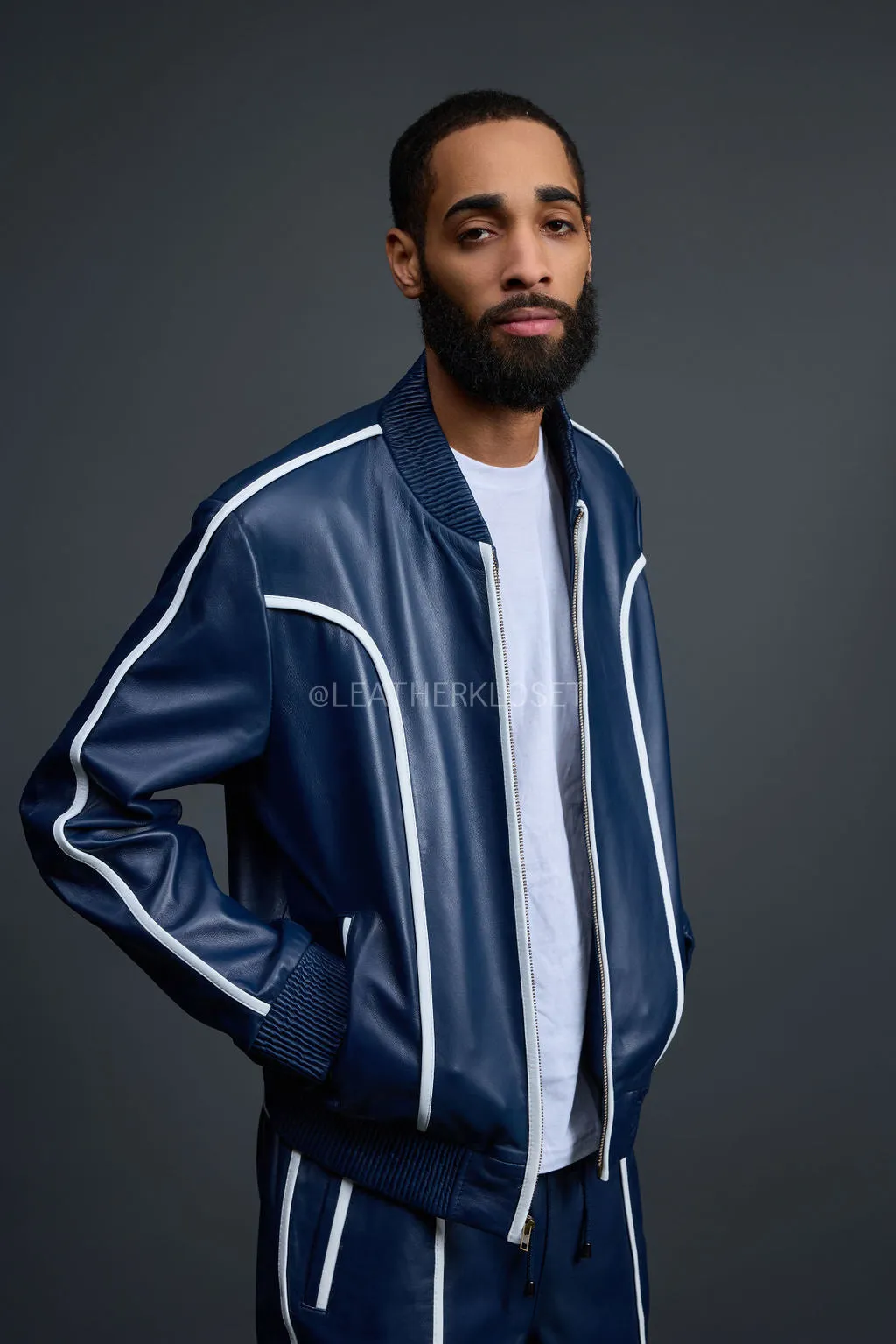 Men's Brayden Leather Track Suit Sweatsuit [Navy/White]