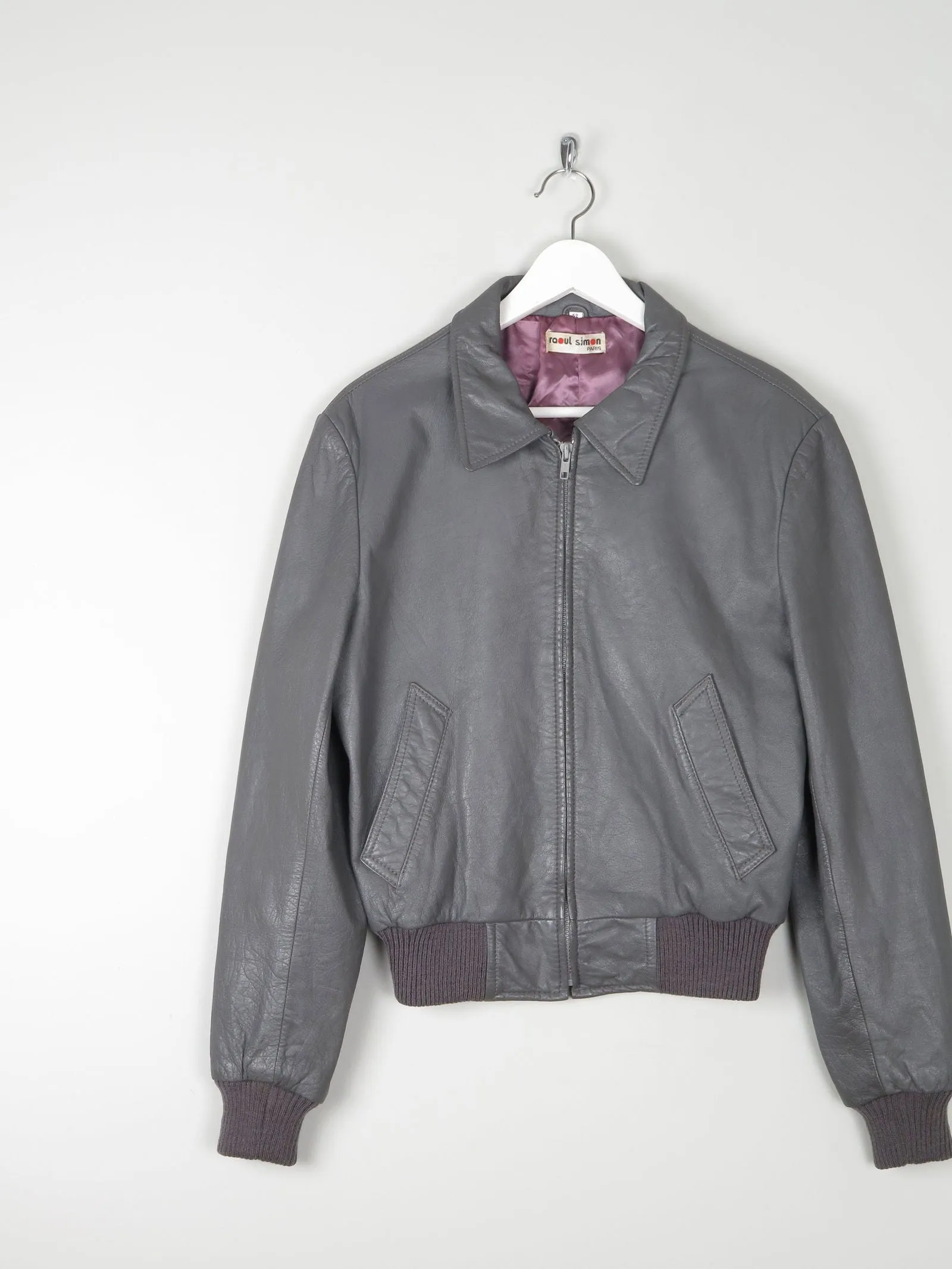 Men’s Grey Vintage Leather Bomber Jacket 1970s S/M