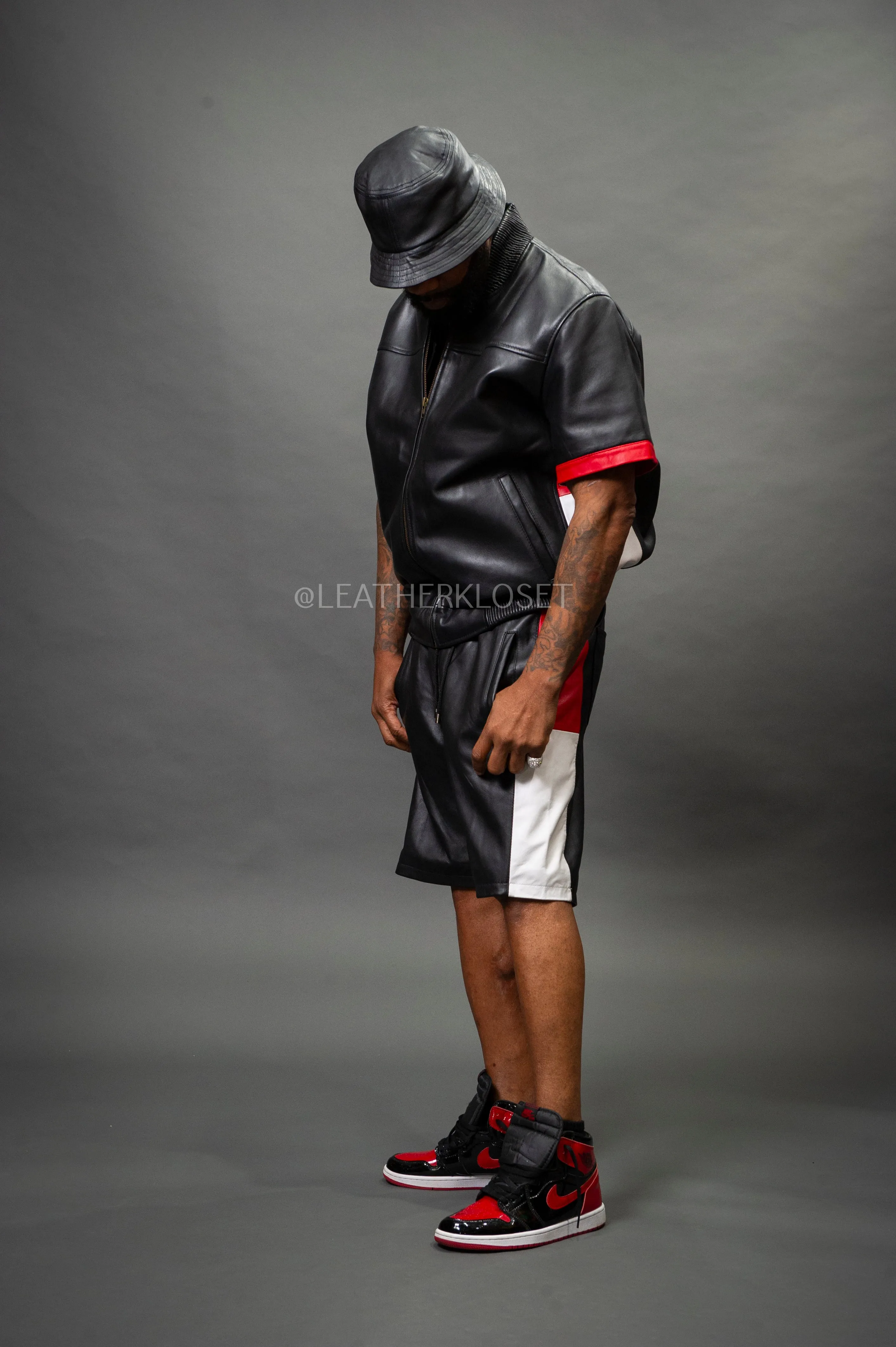 Men's Leo Leather Shorts and Jacket Set [Black/Red/White]