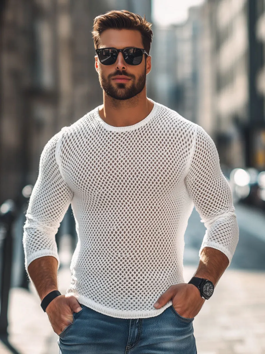 Men's Solid Color Hollow Knitted Round Neck Long Sleeve T-Shirt