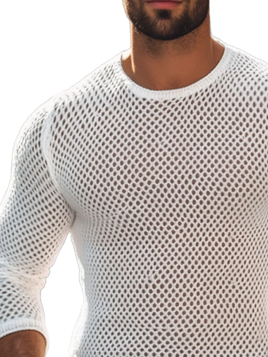 Men's Solid Color Hollow Knitted Round Neck Long Sleeve T-Shirt