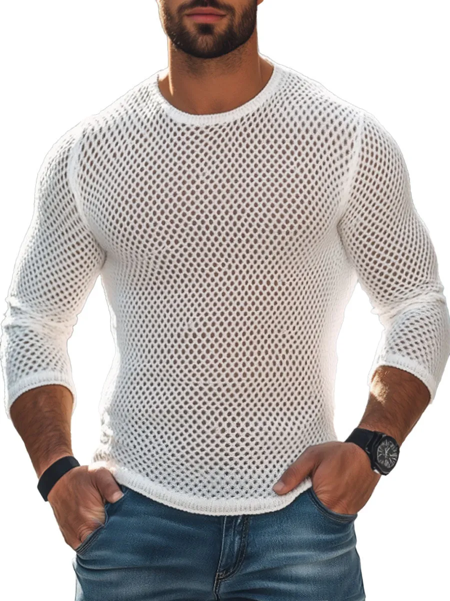 Men's Solid Color Hollow Knitted Round Neck Long Sleeve T-Shirt