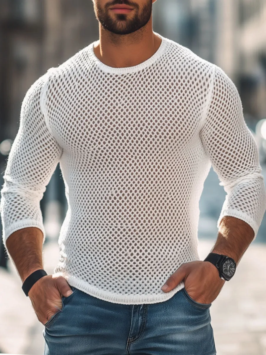 Men's Solid Color Hollow Knitted Round Neck Long Sleeve T-Shirt