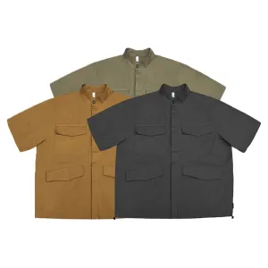 MULTI POCKET DRAWSTRING BASEBALL COLLAR SHORT SLEEVE SHIRT