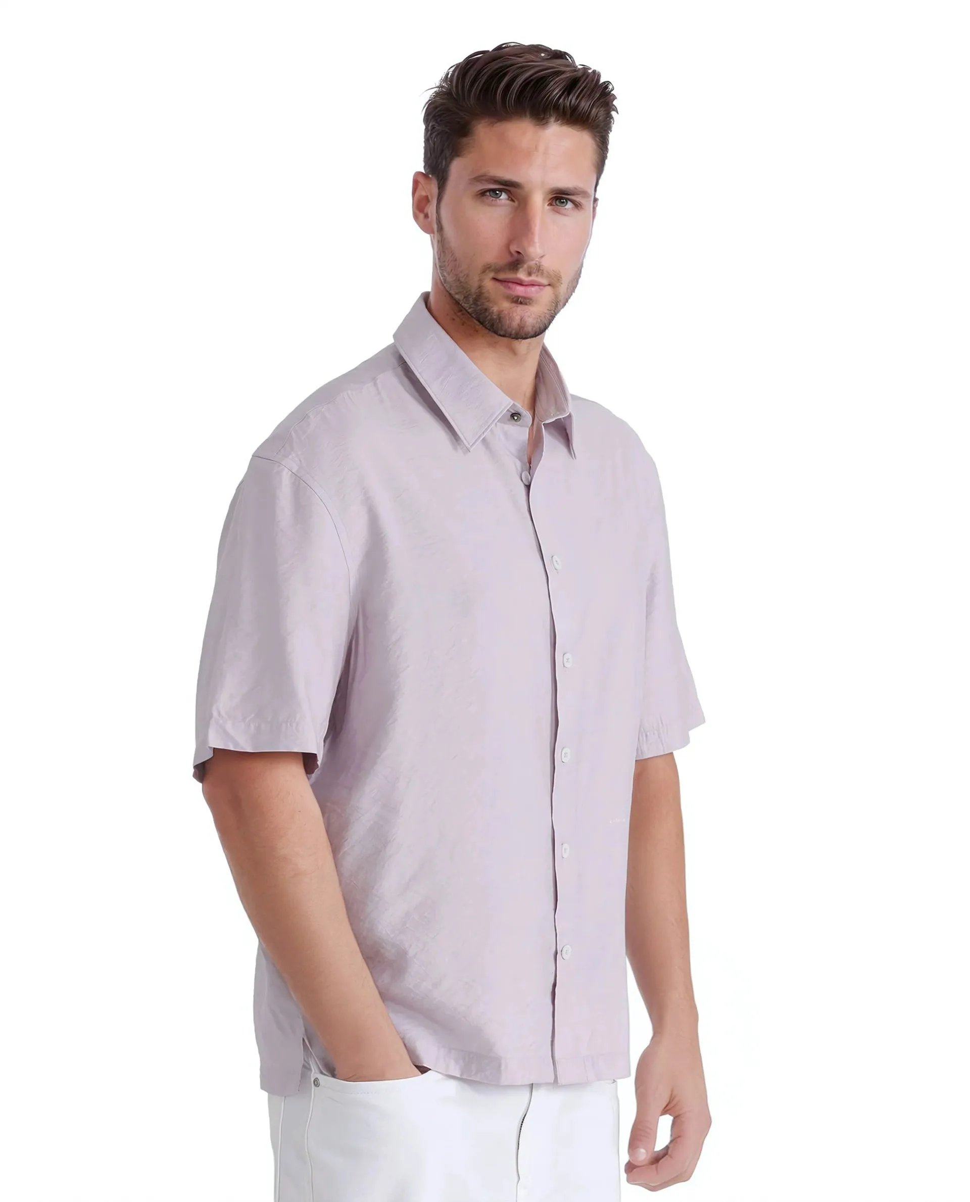 Rare Rabbit Men Flo Light Pink Viscose Nylon Fabric Short Sleeves Collared Neck Button Closure Boxy Fit Plain Shirt