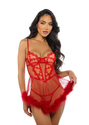 Red Embroidered Lace & Satin Babydoll & Thong Panty Lingerie