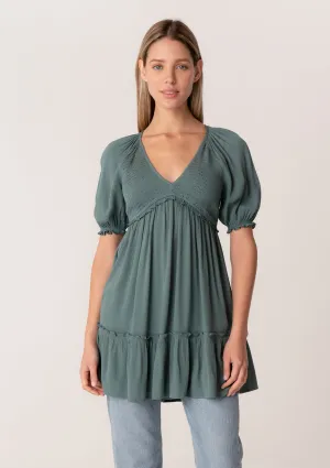 Ruffled Smocked Puff Sleeve V Neck Tunic