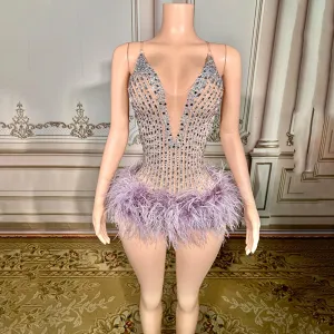 Trend4us Glam Crystal Feathered Plunge Bodysuit