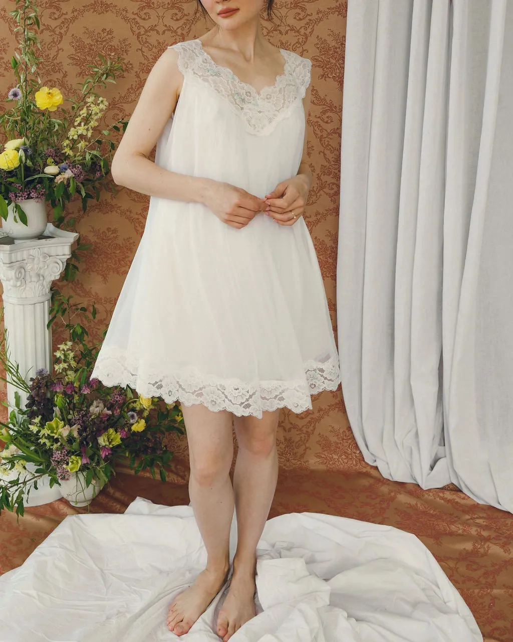 Vintage 1960s Ivory Peignoir Set With Blue Embroidery