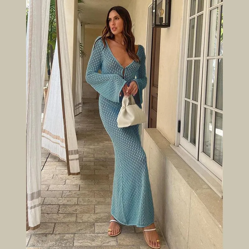 White Knit Backless Long Dress