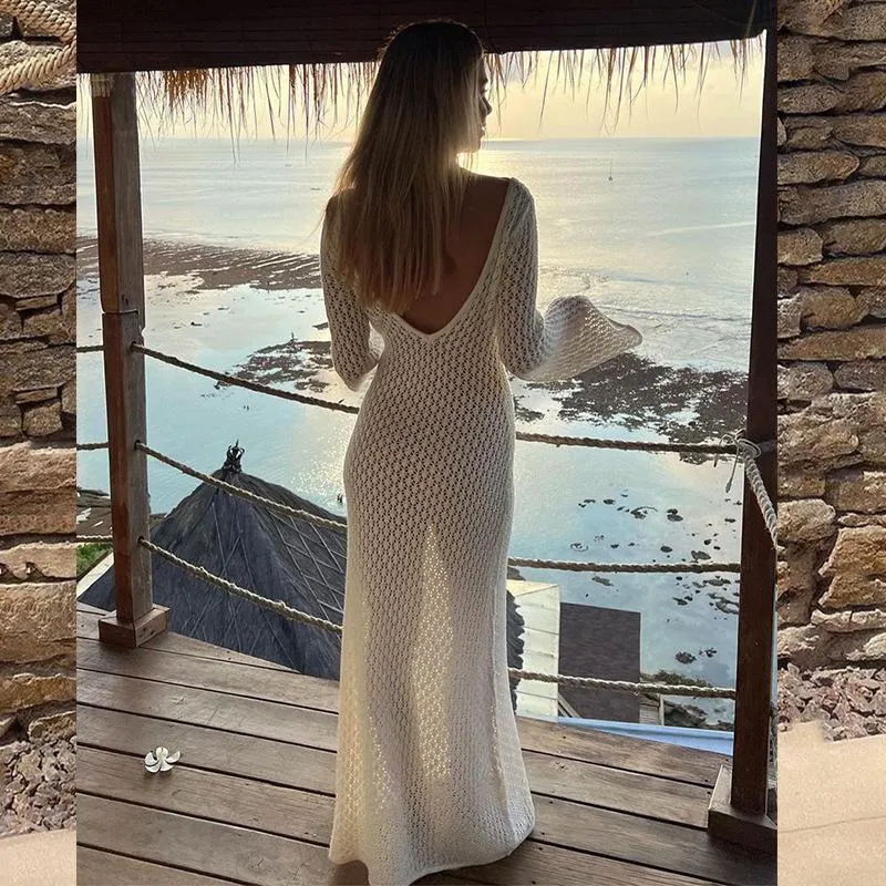 White Knit Backless Long Dress